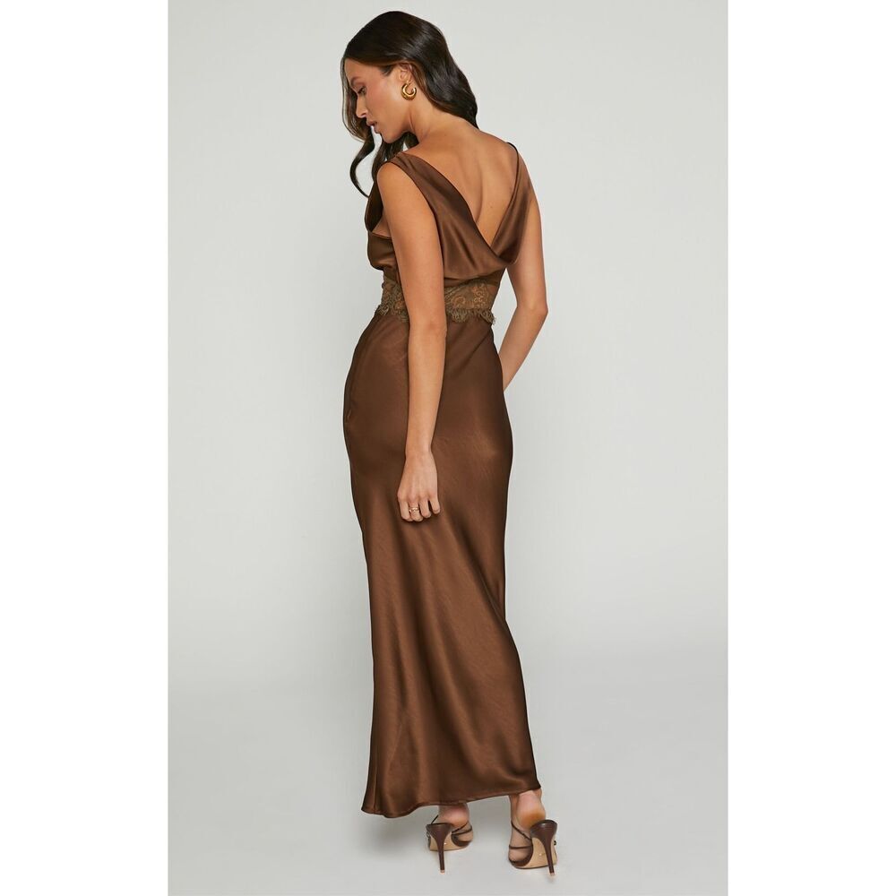 ✨JULIET MIDI DRESS - V NECK LACE INSERT SATIN SLIP SZ 6 DRESS IN CHOCOLATE✨ - Picture 6 of 13